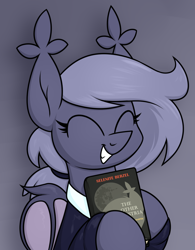 Size: 872x1116 | Tagged: safe, artist:moonatik, imported from derpibooru, oc, oc only, oc:selenite, bat pony, book, bust, clothes, female, filly, foal, ponytail, school uniform, solo, teenager, younger