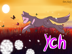 Size: 2080x1560 | Tagged: safe, artist:yuris, imported from derpibooru, oc, butterfly, pony, advertisement, auction, commission, dandelion, running, solo, sun, sunset, ych sketch