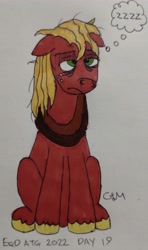 Size: 2121x3589 | Tagged: safe, artist:rapidsnap, imported from derpibooru, big macintosh, earth pony, pony, atg 2022, bags under eyes, exhausted, floppy ears, lidded eyes, messy mane, newbie artist training grounds, solo, thought bubble, tired, traditional art