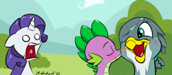 Size: 1116x485 | Tagged: safe, artist:strebiskunk, imported from derpibooru, gabby, rarity, spike, dragon, griffon, pony, unicorn, blank eyes, blushing, eyes closed, female, floppy ears, kiss on the cheek, kissing, male, mare, monochrome, open mouth, shipping, shocked, shocked expression, signature, spabby, straight, tongue out