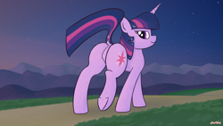 Size: 1920x1080 | Tagged: safe, anonymous editor, artist:purblehoers, edit, imported from twibooru, twilight sparkle, pony, unicorn, bedroom eyes, butt, cutie mark, digital painting, dirt road, featureless crotch, female, grass, image, looking at you, looking back, mare, mountain, mountain range, night, night sky, outdoors, path, pink sky, plot, png, raised hoof, raised tail, sky, smiling, solo, stars, tail, underhoof, unicorn twilight, walking, walking away