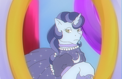 Size: 1224x792 | Tagged: safe, artist:kittyliladoptshop, imported from twibooru, moonlight raven, pony, twinkle eyed pony, unicorn, canterlot boutique, clothes, dress, female, g1, g4 to g1, generation leap, image, mirror, png, solo