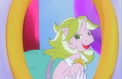 Size: 1224x792 | Tagged: safe, artist:kittyliladoptshop, imported from twibooru, sunshine smiles, pony, twinkle eyed pony, unicorn, canterlot boutique, clothes, dress, female, g1, g4 to g1, generation leap, image, mirror, png, solo