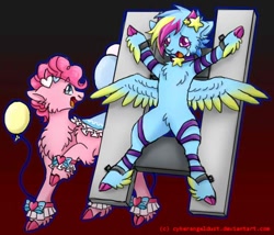 Size: 739x632 | Tagged: safe, artist:mechanakal, imported from derpibooru, pinkie pie, rainbow dash, goat, fanfic:cupcakes, alternate clothes, alternate design, bondage, collar, crying, duo, fanfic art, fear, feathered fetlocks, female, goatlings, gradient background, grimcute, low quality, needs more jpeg, open mouth, peril, pubic fluff, raised hoof, saddle, signature, smiling, species swap, spread legs, spread wings, spreading, table, tack, unsexy bondage, wide eyes, wings