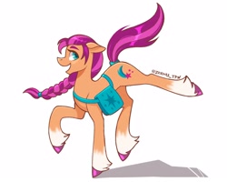 Size: 1250x1000 | Tagged: safe, artist:zendoratpw, imported from derpibooru, sunny starscout, earth pony, pony, female, g5, mare, open mouth, open smile, profile, pronking, shadow, signature, simple background, smiling, solo, unshorn fetlocks, white background