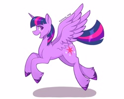 Size: 1250x1000 | Tagged: safe, artist:zendoratpw, imported from derpibooru, twilight sparkle, alicorn, pony, female, flying, mare, open mouth, open smile, shadow, signature, simple background, smiling, solo, twilight sparkle (alicorn), unshorn fetlocks, white background