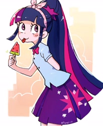 Size: 2400x2928 | Tagged: safe, artist:fuyugi, imported from derpibooru, twilight sparkle, human, cute, food, high res, human coloration, humanized, solo, tongue out, twiabetes, watermelon