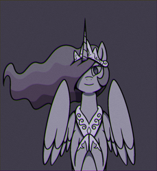 Size: 1099x1200 | Tagged: safe, artist:machacapigeon, princess celestia, alicorn, pony, chromatic aberration, crown, female, gray background, jewelry, looking at you, mandela catalogue, regalia, simple background, solo