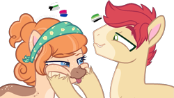 Size: 1237x699 | Tagged: safe, artist:thatonefluffs, imported from derpibooru, bright mac, pear butter, earth pony, pony, the perfect pear, :p, >:p, aromantic pride flag, bisexual pride flag, demiromantic pride flag, freckles, headcanon, pride, pride flag, redesign, sexuality headcanon, simple background, tongue out, transparent background, unshorn fetlocks