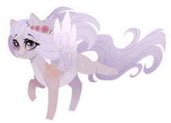 Size: 1024x738 | Tagged: safe, artist:purplegrim40, imported from derpibooru, oc, oc only, pegasus, pony, ear fluff, eyelashes, female, floral head wreath, flower, mare, pegasus oc, raised hoof, simple background, smiling, solo, transparent background, wings