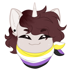 Size: 1024x1024 | Tagged: safe, artist:purplegrim40, imported from derpibooru, oc, oc only, pony, unicorn, clothes, commission, ear fluff, ear piercing, female, horn, mare, nonbinary pride flag, piercing, pride, pride flag, scarf, simple background, smiling, solo, transparent background, unicorn oc, ych result