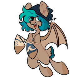 Size: 1600x1600 | Tagged: safe, artist:moonert, imported from derpibooru, oc, oc only, bat pony, pegasus, pony, bat pony oc, bat wings, beanie, ear piercing, earring, eye clipping through hair, hat, jewelry, male, necklace, piercing, simple background, smiling, solo, stallion, tattoo, transparent background, wings