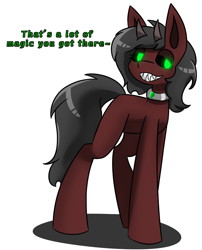 Size: 1658x2048 | Tagged: safe, artist:askhypnoswirl, imported from derpibooru, oc, oc only, demon, demon pony, pony, black sclera, dialogue, eyebrows, eyebrows visible through hair, female, grin, horns, jewelry, lidded eyes, looking sideways, magic drain, mare, necklace, shadow, simple background, smiling, solo, standing, teeth, white background