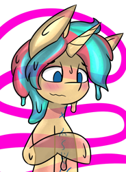 Size: 1506x2048 | Tagged: safe, artist:askhypnoswirl, imported from derpibooru, oc, oc only, goo, goo pony, original species, pony, unicorn, bipedal, blushing, eyebrows, eyebrows visible through hair, male, raised hoof, runes, simple background, solo, stallion, wavy mouth