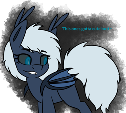 Size: 1889x1696 | Tagged: safe, artist:askhypnoswirl, imported from derpibooru, oc, oc only, bat pony, pony, black sclera, dialogue, ear tufts, eye clipping through hair, eyebrows, eyebrows visible through hair, female, folded wings, lip bite, looking at butt, looking back, mare, possessed, simple background, solo, wings