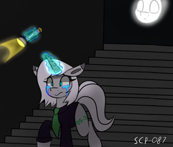 Size: 2048x1742 | Tagged: safe, artist:askhypnoswirl, imported from derpibooru, oc, oc only, pony, unicorn, clothes, crying, disembodied head, eyebrows, eyebrows visible through hair, female, flashlight (object), floppy ears, magic, male, mare, o5, scared, scp, scp foundation, scp-087, solo, spooky, stairs