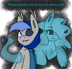Size: 2048x1951 | Tagged: safe, artist:askhypnoswirl, imported from derpibooru, oc, oc only, bat pony, ghost, ghost pony, pony, undead, bipedal, black sclera, blushing, dialogue, duo, ear tufts, eye color change, female, folded wings, mare, possessed, possession, simple background, wavy mouth, white background, wings