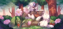 Size: 7650x3574 | Tagged: safe, artist:dedfriend, imported from derpibooru, oc, oc only, pegasus, pony, basket, flower, forest, mushroom, saddle basket, solo