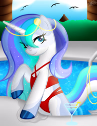 Size: 3000x3885 | Tagged: safe, artist:princessmoonsilver, imported from derpibooru, oc, oc:aurora polaris, pony, unicorn, clothes, high res, red swimsuit, solo, summer, swimming pool, swimsuit, ych example, ych result, your character here