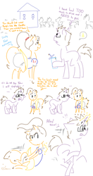 Size: 900x1700 | Tagged: safe, artist:doodledandy, imported from derpibooru, oc, oc:doodledandy, oc:sunnyside, earth pony, pony, unicorn, butt, clothes, comic, diaper, diaper fetish, duo focus, female, fetish, male, mare, need to pee, non-baby in diaper, plot, potty time, simple background, skirt, stallion, white background