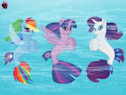 Size: 1024x768 | Tagged: safe, artist:emilynevla, imported from derpibooru, rainbow dash, rarity, twilight sparkle, alicorn, pegasus, seapony (g4), unicorn, my little pony: the movie, blue eyes, blue mane, dorsal fin, female, fin wings, fins, fish tail, flowing mane, horn, logo, mare, ocean, pink eyes, purple eyes, seaponified, seapony rainbow dash, seapony rarity, seapony twilight, smiling, species swap, sunlight, tail, twilight sparkle (alicorn), underwater, water, wings