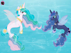 Size: 1024x768 | Tagged: safe, artist:emilynevla, imported from derpibooru, princess celestia, princess luna, alicorn, seapony (g4), clothes, colored pupils, crown, dorsal fin, ethereal mane, ethereal tail, female, fin wings, fins, fish tail, flowing mane, flowing tail, hoof shoes, horn, jewelry, logo, looking at each other, looking at someone, mare, ocean, peytral, regalia, royal sisters, seaponified, seapony celestia, seapony luna, see-through, siblings, sisters, smiling, species swap, starry mane, sunlight, tail, underwater, water, wings