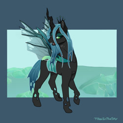 Size: 1024x1024 | Tagged: safe, artist:t0byinthesky, imported from derpibooru, queen chrysalis, changeling, changeling queen, alternate design, crown, female, hybrid wings, jewelry, passepartout, regalia, solo, wings