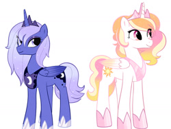 Size: 2000x1500 | Tagged: safe, artist:tikapony, imported from derpibooru, princess celestia, princess luna, alicorn, pony, crown, female, jewelry, princess, redesign, regalia, royal sisters, siblings, simple background, sisters, white background