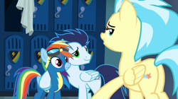 Size: 853x478 | Tagged: safe, imported from derpibooru, screencap, misty fly, rainbow dash, soarin', pegasus, pony, grannies gone wild, bedroom eyes, butt, clothes, female, hoof around neck, lidded eyes, locker room, looking back, male, mare, misty butt, plot, sexy, shipping fuel, stallion, stupid sexy misty fly, trio, uniform, wonderbolts uniform