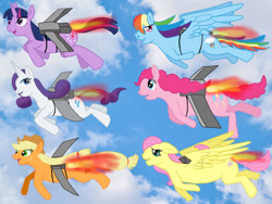 Size: 1280x960 | Tagged: safe, artist:galbin32, imported from derpibooru, applejack, fluttershy, pinkie pie, rainbow dash, rarity, twilight sparkle, earth pony, pegasus, unicorn, anatomically incorrect, flying, jetpack, sky, sky background, unicorn twilight