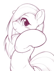 Size: 1028x1348 | Tagged: safe, artist:kurogewapony, imported from derpibooru, marble pie, earth pony, pony, female, hair over one eye, looking at you, mare, monochrome, simple background, solo, white background