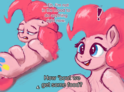 Size: 2732x2048 | Tagged: safe, artist:phutashi, imported from derpibooru, pinkie pie, earth pony, pony, atg 2022, blue background, dialogue, exclamation point, female, floppy ears, lying down, mare, newbie artist training grounds, offscreen character, on back, simple background, solo