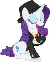 Size: 2220x2701 | Tagged: safe, artist:lelekhd, imported from derpibooru, rarity, pony, unicorn, 40s, clothes, eyes closed, fedora, female, hat, high res, mare, open mouth, simple background, solo, suit, transparent background