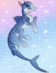 Size: 1280x1670 | Tagged: safe, artist:sadelinav, imported from derpibooru, oc, oc only, fish, original species, shark, shark pony, bubble, digital art, dorsal fin, fangs, fins, fish tail, gills, grin, looking at you, male, shark grin, shark teeth, smiling, solo, swimming, tail, teeth, underwater, water, yellow eyes