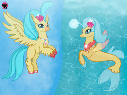 Size: 1024x768 | Tagged: safe, artist:emilynevla, imported from derpibooru, princess skystar, classical hippogriff, hippogriff, seapony (g4), my little pony: the movie, beak, blue eyes, blue mane, dorsal fin, feather, female, fin wings, fins, fish tail, flower, flower in hair, flowing mane, flowing tail, flying, glowing, jewelry, necklace, ocean, pearl necklace, sky, smiling, solo, spread wings, sunlight, tail, underwater, water, wings