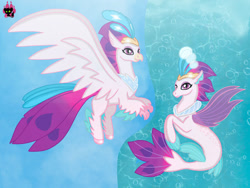 Size: 1024x768 | Tagged: safe, artist:emilynevla, imported from derpibooru, queen novo, classical hippogriff, hippogriff, seapony (g4), my little pony: the movie, beak, collar, colored pupils, crown, dorsal fin, feather, female, fins, fish tail, flowing tail, flying, glowing, jewelry, ocean, purple eyes, regalia, sky, smiling, solo, spread wings, tail, underwater, water, wings