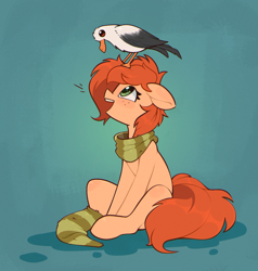 Size: 1304x1372 | Tagged: safe, artist:rexyseven, imported from derpibooru, oc, oc only, oc:rusty gears, bird, earth pony, pony, seagull, clothes, floppy ears, freckles, open mouth, scarf, sitting, sock, socks, solo, striped scarf, striped socks