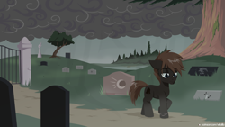 Size: 1920x1080 | Tagged: safe, artist:willoillo, imported from derpibooru, earth pony, pony, commission, cover, fanfic art, gravestone, graveyard, overcast, solo, tree