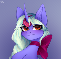 Size: 3972x3852 | Tagged: safe, artist:kutoshi, imported from derpibooru, oc, oc only, oc:serene secrets, pony, unicorn, bow, bust, horn, looking at you, smiling, smiling at you, solo