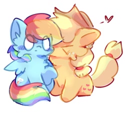 Size: 1080x1080 | Tagged: safe, artist:grey___cat, imported from derpibooru, applejack, rainbow dash, cat, earth pony, pegasus, applecat, appledash, applejack's hat, catified, chest fluff, cowboy hat, duo, duo female, ear fluff, eye clipping through hair, eyes closed, female, freckles, hat, heart, kissing, lesbian, rainbow cat, raised paw, shipping, simple background, sitting, species swap, white background, white eyes, wings