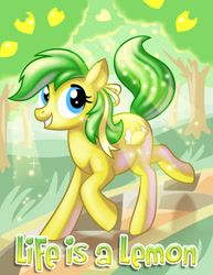 Size: 550x712 | Tagged: safe, artist:blueshift, imported from derpibooru, oc, oc only, oc:lemon dreams, earth pony, pony, day, earth pony oc, fanfic, fanfic art, fanfic cover, lemon tree, looking up, smiling, solo, tree