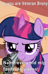 Size: 1189x1806 | Tagged: safe, edit, edited screencap, editor:dematrix-edit, imported from derpibooru, screencap, twilight sparkle, pony, unicorn, secret of my excess, disembodied hand, exploitable meme, female, golden oaks library, gun, hand, handgun, mare, meme, oh so you like x? name every y, shitposting, weapon