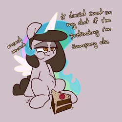 Size: 1500x1500 | Tagged: safe, artist:lou, imported from derpibooru, oc, oc only, oc:louvely, earth pony, pony, cake, celestia costume, clothes, costume, diet, eating, fake horn, fake wings, food, gray background, simple background, sitting, solo, text, wig