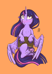 Size: 2480x3508 | Tagged: safe, artist:ardilya, imported from derpibooru, twilight sparkle, alicorn, blushing, book, digital art, floppy ears, hiding, hiding behind book, looking at you, lying down, on back, simple background, solo, surprised, twilight sparkle (alicorn), wings