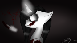 Size: 2048x1152 | Tagged: safe, artist:djdupstep15, imported from derpibooru, pony, unicorn, bust, glowing, glowing horn, horn, jeff the killer, knife, magic, male, meme, ponified, signature, solo, stallion, telekinesis