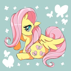 Size: 1000x1000 | Tagged: safe, artist:01teruri16, imported from derpibooru, fluttershy, pegasus, pony, cute, daaaaaaaaaaaw, female, looking at you, mare, profile, raised hoof, shyabetes, simple background, sitting, solo, wings