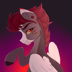 Size: 2000x2000 | Tagged: safe, artist:princessolmi, imported from derpibooru, oc, oc only, pegasus, pony, abstract background, bedroom eyes, bust, colored hooves, ear piercing, male, pegasus oc, piercing, smiling, solo, stallion, wings