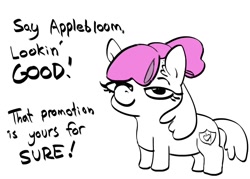 Size: 1166x836 | Tagged: safe, artist:tjpones, imported from derpibooru, apple bloom, earth pony, pony, apple bloom's bow, bald, black and white, bow, female, filly, foal, grayscale, hair bow, lidded eyes, looking at you, monochrome, partial color, simple background, smiling, smiling at you, smug, solo, text, white background