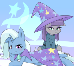 Size: 1600x1425 | Tagged: safe, artist:batipin, imported from derpibooru, maud pie, trixie, earth pony, pony, unicorn, cape, clothes, duo, duo female, female, hat, trixie's cape, trixie's hat