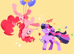 Size: 2048x1489 | Tagged: safe, artist:pastacrylic, imported from derpibooru, pinkie pie, twilight sparkle, earth pony, pony, unicorn, balloon, chest fluff, confetti, derp, duo, duo female, female, floating, floppy ears, horn, party horn, simple background, sparkles, then watch her balloons lift her up to the sky, unicorn twilight, upside down, yellow background